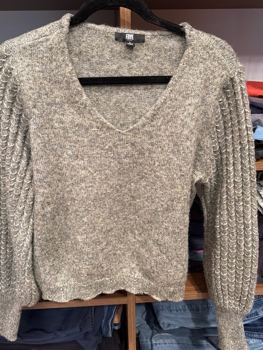 FRYE Heather Gray V-Neck Cable Sleeve Sweater